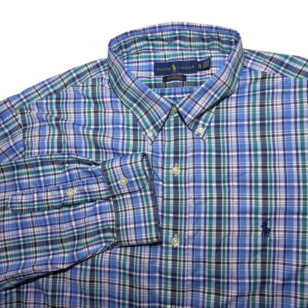 Ralph Lauren Mens XL Classic Fit Performance Plaid Button Down Shirt Blue Green